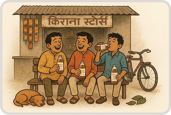 Childhood memories illustration showing three friends at a local store